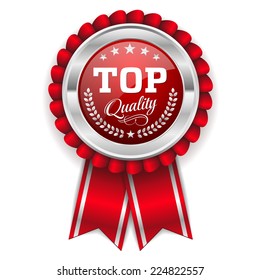 Red top quality badge with silver border and ribbon on white background
