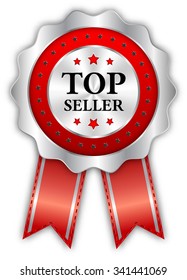 Red top seller reward with silver border and shadow on white background