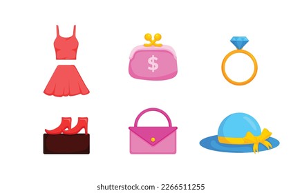 Red top and skirt set, pink purse, big diamond ring, red high heels, pink handbag, blue fashion hat with yellow ribbon.Fashion modern women clothes set. Casual female garments and accessories concept