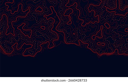 Líneas de contorno topográfico rojo sobre fondo negro. Perfecto para fondos de diseño digital, Productos impresos, marca y decoración de interiores, Gráficos para video e infografías o mapas conceptuales