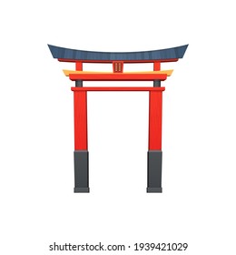Red torii entrance with roof isolated Chinese, Korean or Japanese gate realistic cartoon icon. Vector ancient asian temple entrance design. Chinatown door in oriental style, torii gate with pillars