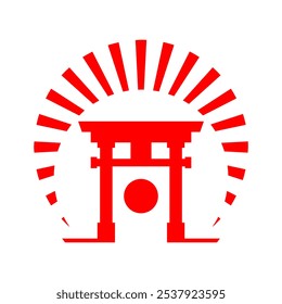 Santuario de puerta torii rojo con rayos de luz solar diseño de Vector plano de icono de estilo japaness