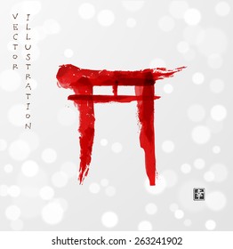 Red torii gates hand-drawn with ink in traditional Japanese style sumi-e on white glowing background. Sealed with hieroglyph "happiness"