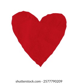 Red torn crumpled paper heart, crafted as a notebook sheet sticker, uneven edges, valentine collage, love and romance theme