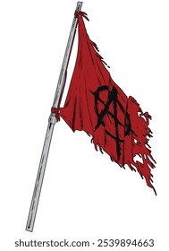 eine rot zerrissene Flagge mit dem Anarchie-Logo