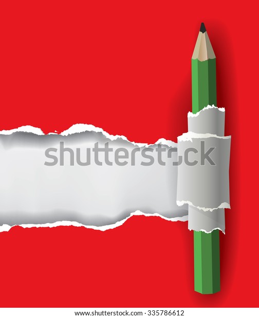 Red  torn paper background with pencil.\
Vector\
illustration of red ripped paper and pencil  with place for your\
image or text.\
