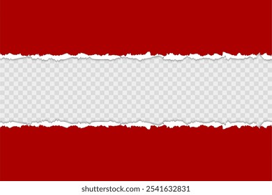Red torn paper up and down on horizontal page. Scrapbook ripped edges paper background isolated vector design