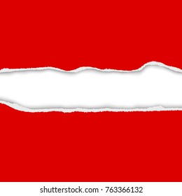 Red Torn paper edge background with space for text or your image. Two torn borders in realistic style. Vector illustration for advertising, invitation or web design.
