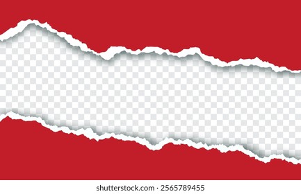 Red torn paper with torn edges isolated transparent background with shadow effect in horizontal banner design.ripped horizontal paper strip