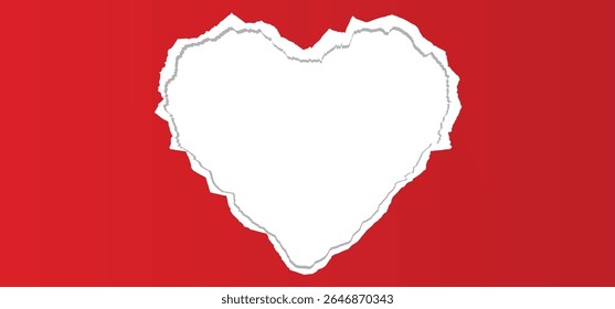 Red torn paper with torn edges isolated transparent background with shadow effect in horizontal banner design. ripped love shape paper strip