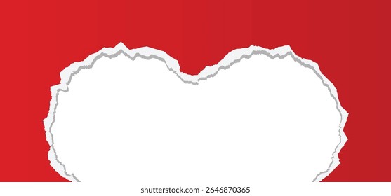 Red torn paper with torn edges isolated transparent background with shadow effect in horizontal banner design. ripped love shape paper strip