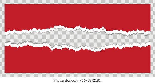 Red torn paper with torn edges isolated transparent background with shadow effect in horizontal banner design.ripped horizontal paper strip