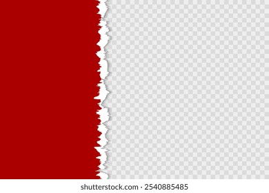 Red torn paper left on horizontal page. Scrapbook ripped edges paper background isolated vector design