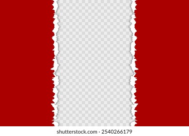 Red torn paper left and right on horizontal page. Scrapbook ripped edges paper background isolated vector design