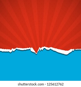 Red torn paper with rays. Vector background.