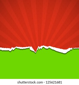 Red torn paper with rays. Vector background.
