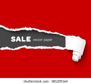 Red torn paper with a ripped roll over dark gray background with space for text. Realistic vector torn damaged paper with ripped edges. Torn paper banner template for web and print advertising