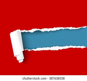 Red torn paper with a ripped roll over blue background with space for text. Realistic vector torn damaged paper with ripped edges. Torn paper banner template for web and print advertising