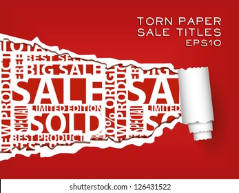 red torn paper with red sale titles
