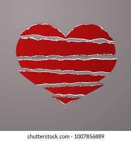 Red torn paper stripes with ragged uneven ragged edges in shape broken heart vector on gray background. Could be used for design poster, card, banner, advertising. Vector Stock clip art.