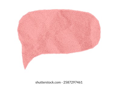 Red torn speech bubble made of crumpled paper, isolated template for banner. Dialogue balloon with dotted gritty texture halftone effect, notebook sheet with rough edges.