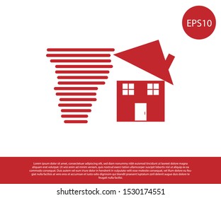 Red Tornado swirl damages house roof icon isolated on white background. Cyclone, whirlwind, storm funnel, hurricane wind icon.  Vector Illustration