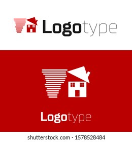Red Tornado swirl damages house roof icon isolated on white background. Cyclone, whirlwind, storm funnel, hurricane wind icon. Logo design template element. Vector Illustration