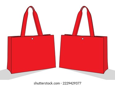 Red tote bag with snap button template on white background, vector file