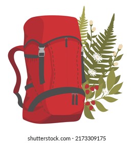 Red tourist backpack with forest herbs and wild strawberries. Vector clipart.