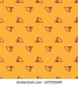 Red Tourist tent with flag icon isolated seamless pattern on brown background. Camping symbol.  Vector Illustration