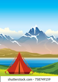 Red tourist tent, green grass, calm lake and mountains on a blue sky. Summer nature landscape. Vector illustration.