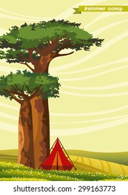 Red tourist tent and two baobabs on a green meadow. Summer camp. Natural vector landscape.