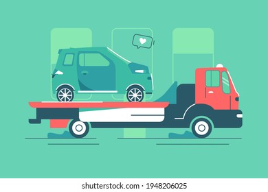 Red tow truck with car vector illustration. City road assistance service evacuator flat style. Vehicle and transport emergency help concept. Isolated on green background