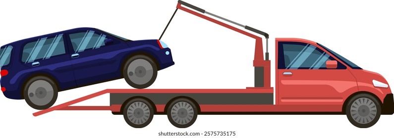 Red tow truck transporting a damaged blue car on a flatbed, delivering roadside assistance and support after an accident or mechanical breakdown on city streets