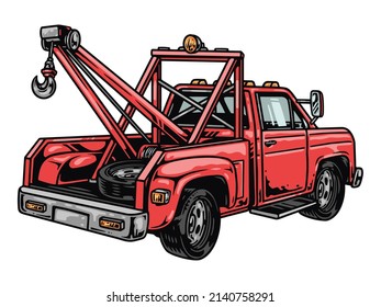 Red tow truck with winches and hoist mechanisms, car tire in enclosed cabin on white background, vector illustration