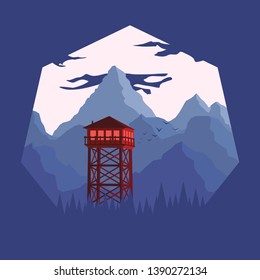 red tower on the background of blue mountains inscribed in a polygon