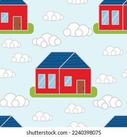 Red town houses. Seamless pattern. With blue roof