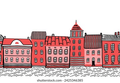 Red town. Seamless border with houses. Old town background. Red houses in the picture. Vector illustration