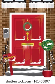 Red Townhouse Front Door Vector At Christmas With Santa Sign, Fairy Lights And Snow