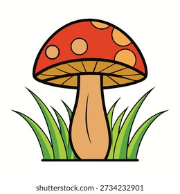 Red toxic mushroom cartoon vector illustration with grass.