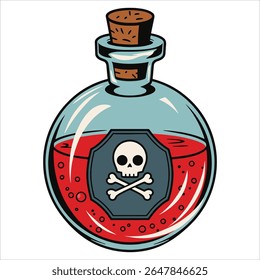 Red toxic poison bottle with skull symbol vector. Cartoon danger illustration perfect for warning signs and hazardous material concepts.