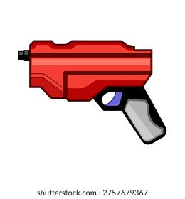 Red toy blaster with gray handle and blue trigger in cartoon vector style, playful children's play weapon symbolizing imagination, adventure, fun and harmless pretend combat