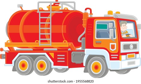 Red toy gasoline auto tanker with a funny driver in service uniform, vector cartoon illustration isolated on a white background svg
