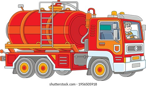 Red toy gasoline auto tanker with a funny driver in service uniform, vector cartoon illustration isolated on a white background svg