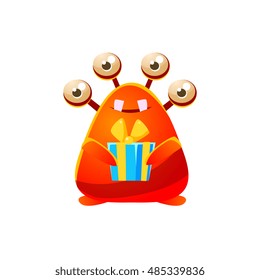 Red Toy Monster Holding Wrapped Gift Cute Childish Illustration. Cartoon Colorful Alien Character With Party Attribute Isolated On White Background.