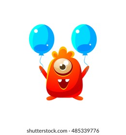 Red Toy Monster With Two Balloons Cute Childish Illustration. Cartoon Colorful Alien Character With Party Attribute Isolated On White Background.