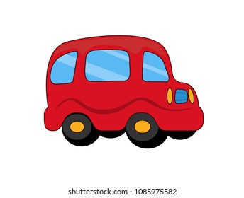 Red toy plastic car with rounded salon. Small childish artificial vehicle to play. Amusement for little kids isolated cartoon vector illustration.