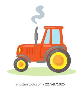 Red toy tractor. In cartoon style. Isolated on white background. Vector flat illustration. Kids toys.