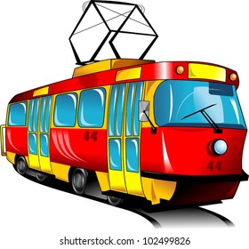 Red toy tram rides on rails (vector illustration);