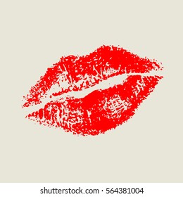 Red traced imprint of lips wearing lipstick isolated. Vector illustration